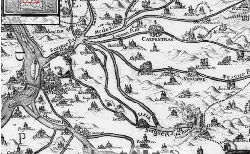 Carte ancienne de la plaine de la Sorgue au XVIe siècle selon Clauseau